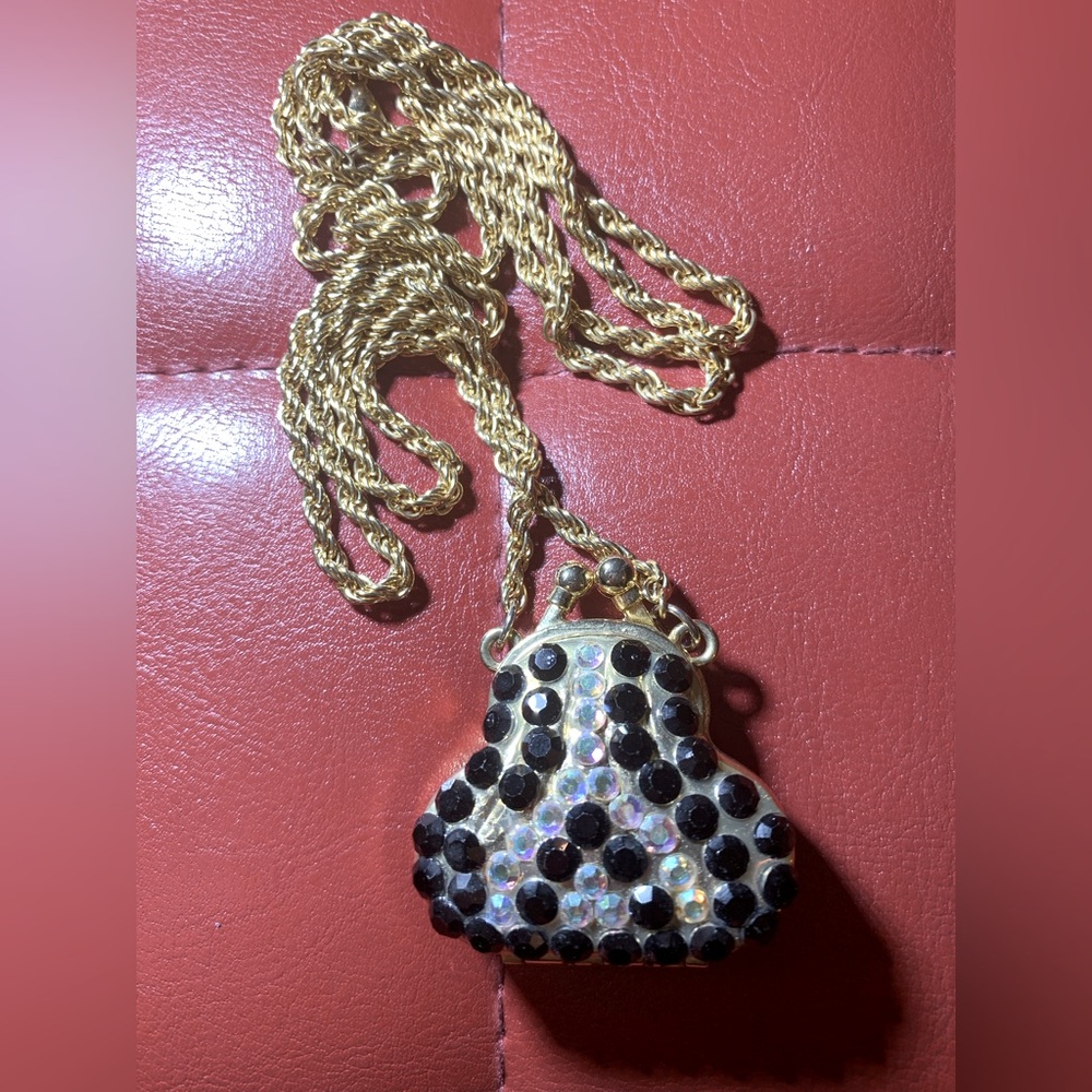Black and white jeweled purse locket necklace